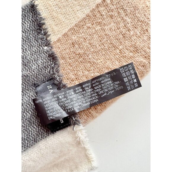 ZARA Cream Tan Beige Grey Colorblock Acrylic Knit Large Rectangle Blanket Scarf - Picture 10 of 11